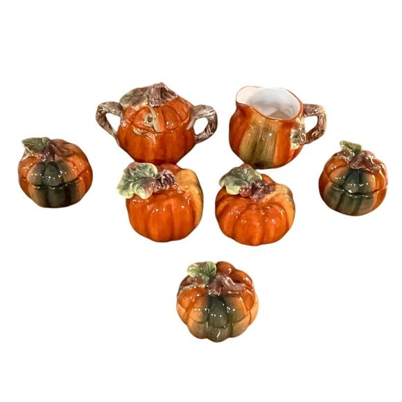 Ceramic Pumpkin Set Fall Centerpiece Creamer Sugar Salt Pepper Farmhouse Decor - Picture 1 of 15